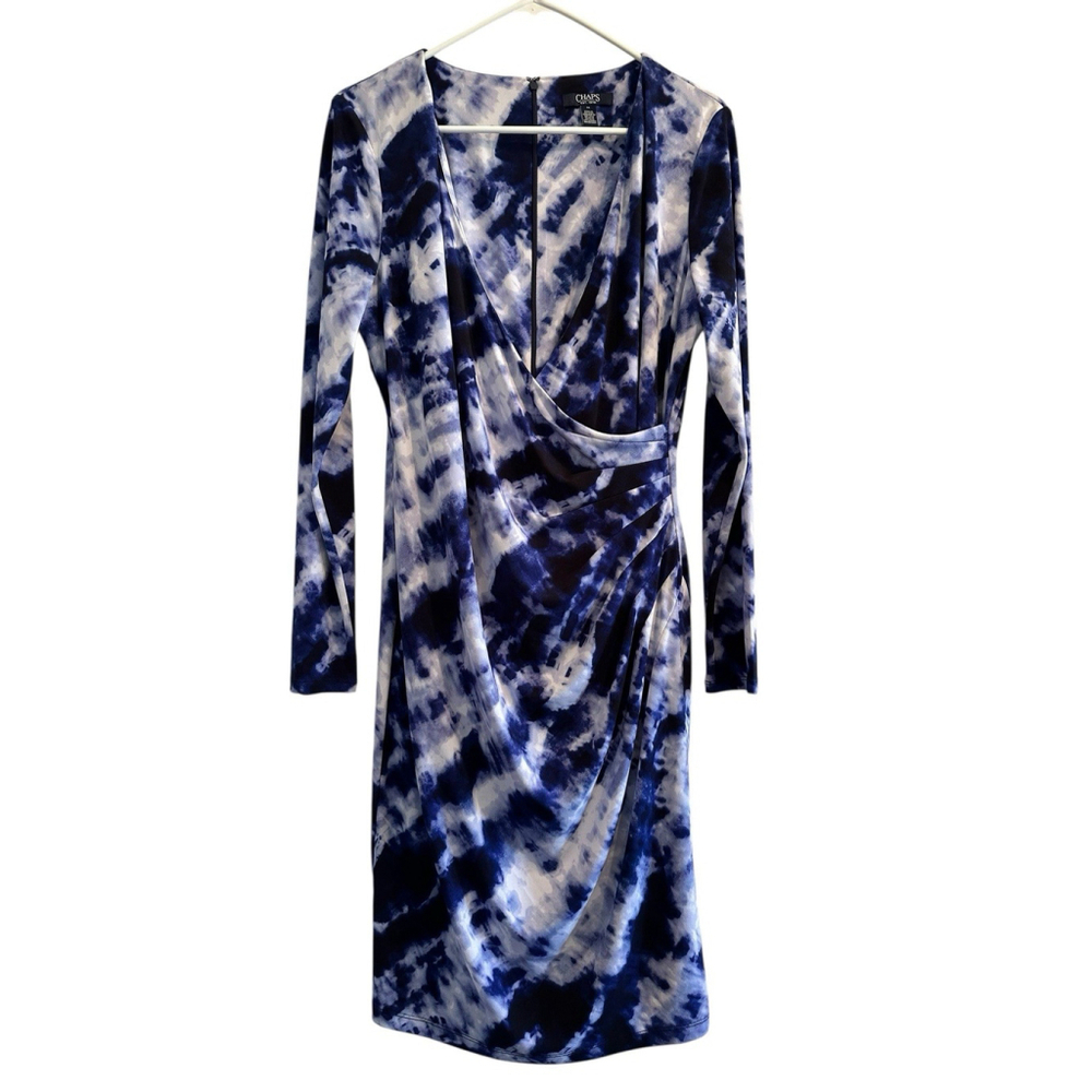 Chaps Tie Dye Midi Dress With Surplice Bodice Womens 14 Blue Zipper on Back NWT